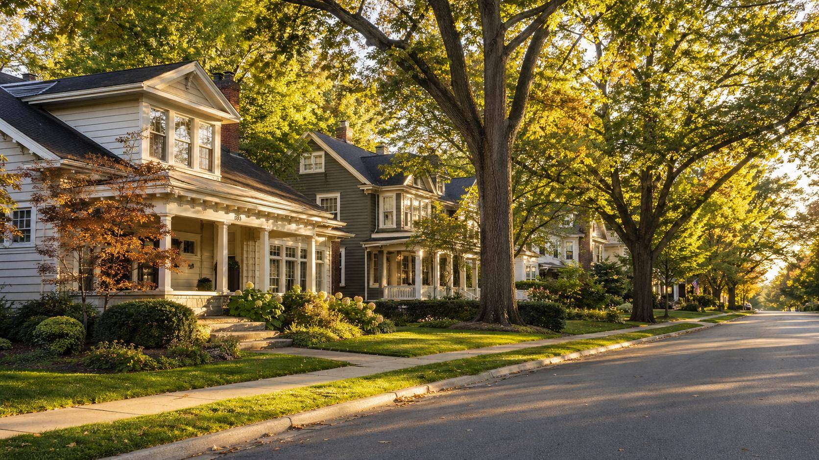A tree-lined residential street in Grand Rapids, Michigan, in early autumn.
