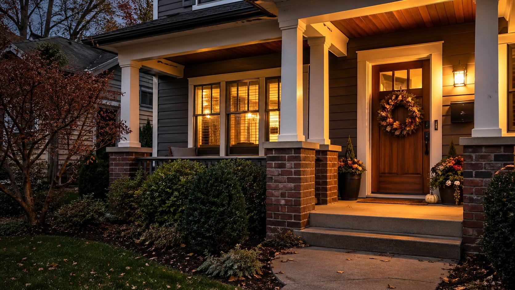 The welcoming front entrance of a Grand Rapids home at dusk, porch light on.
