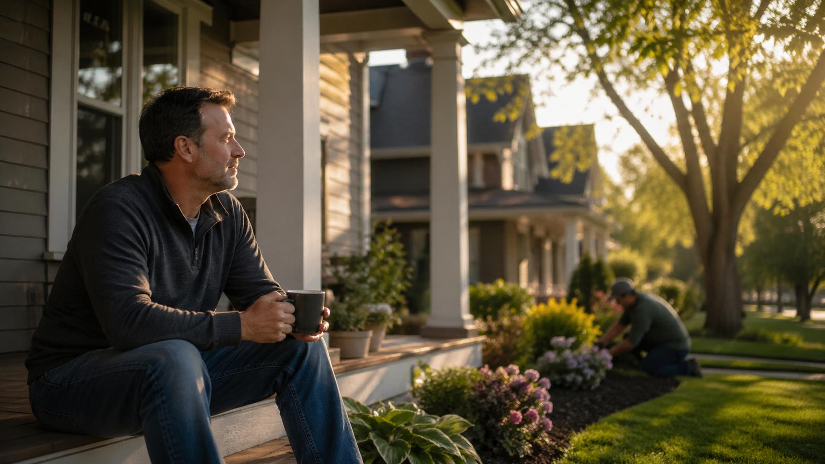 A West Michigan homeowner relaxes on the front porch while their home is quietly maintained in the background.