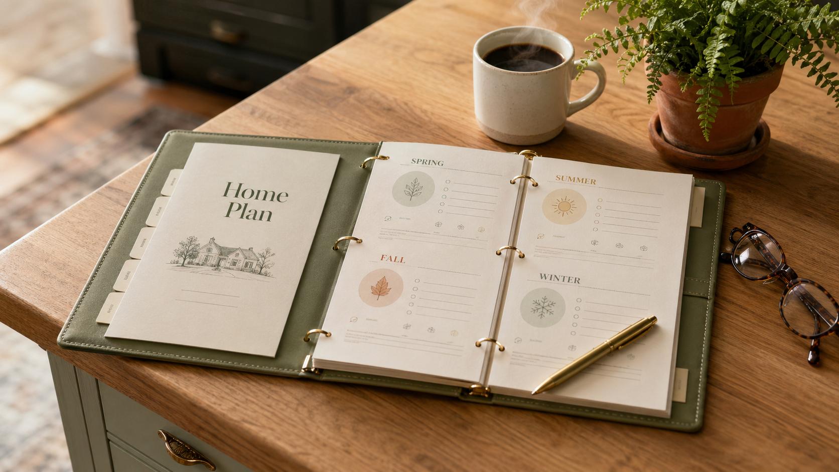 An open Home Plan binder on a warm oak kitchen island showing a year-at-a-glance of seasonal home services.