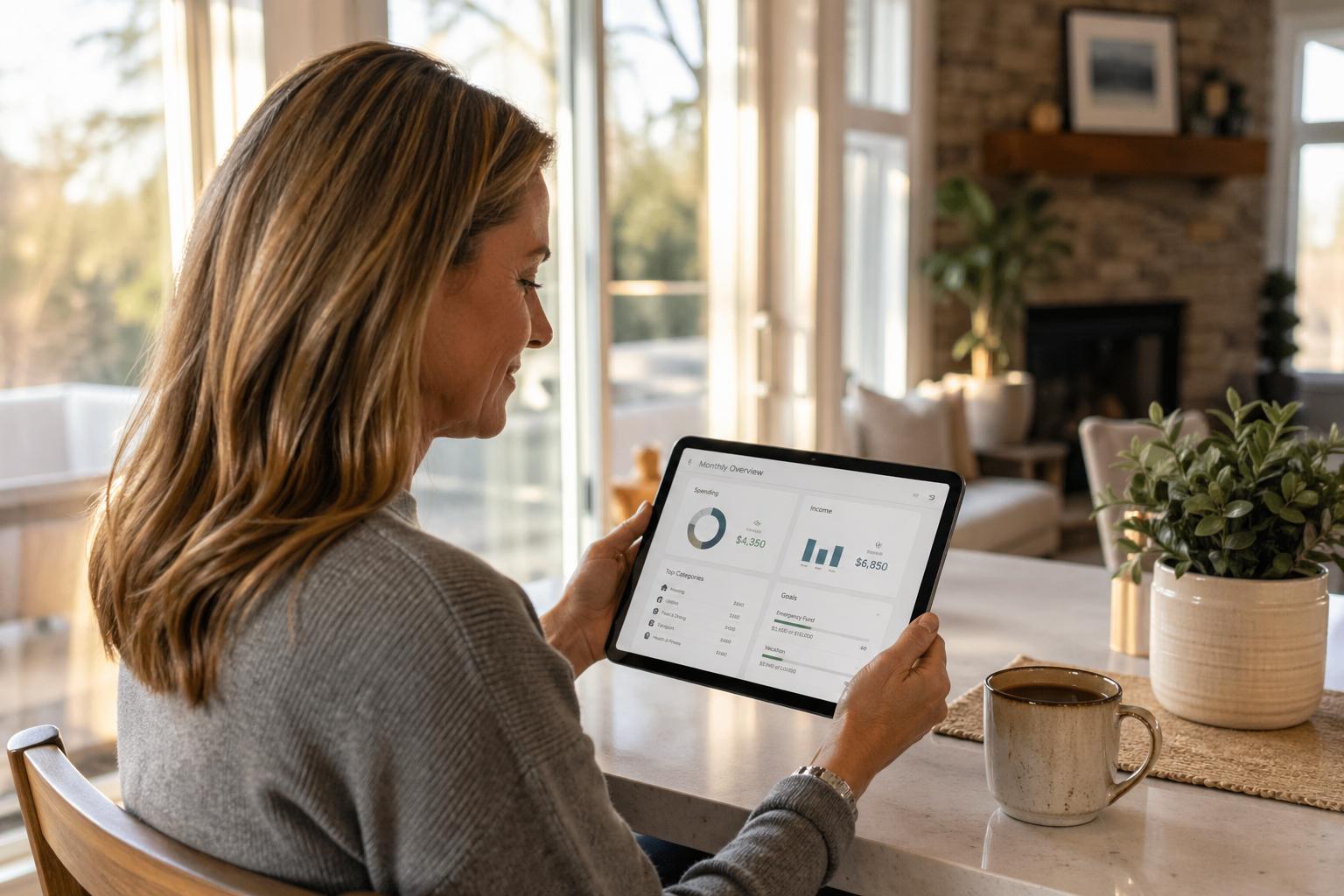 A HoneyDid member reviews her monthly summary on a tablet at her sunroom table.