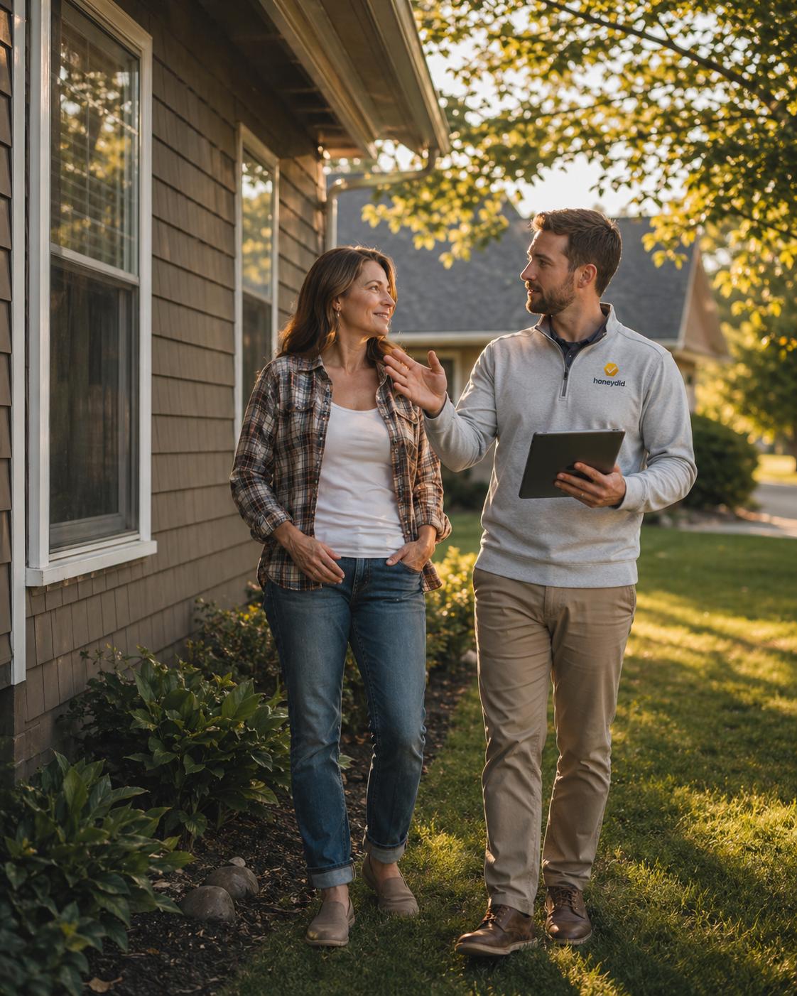 A HoneyDid Personal Home Manager walks a West Michigan property with a homeowner, tablet in hand.